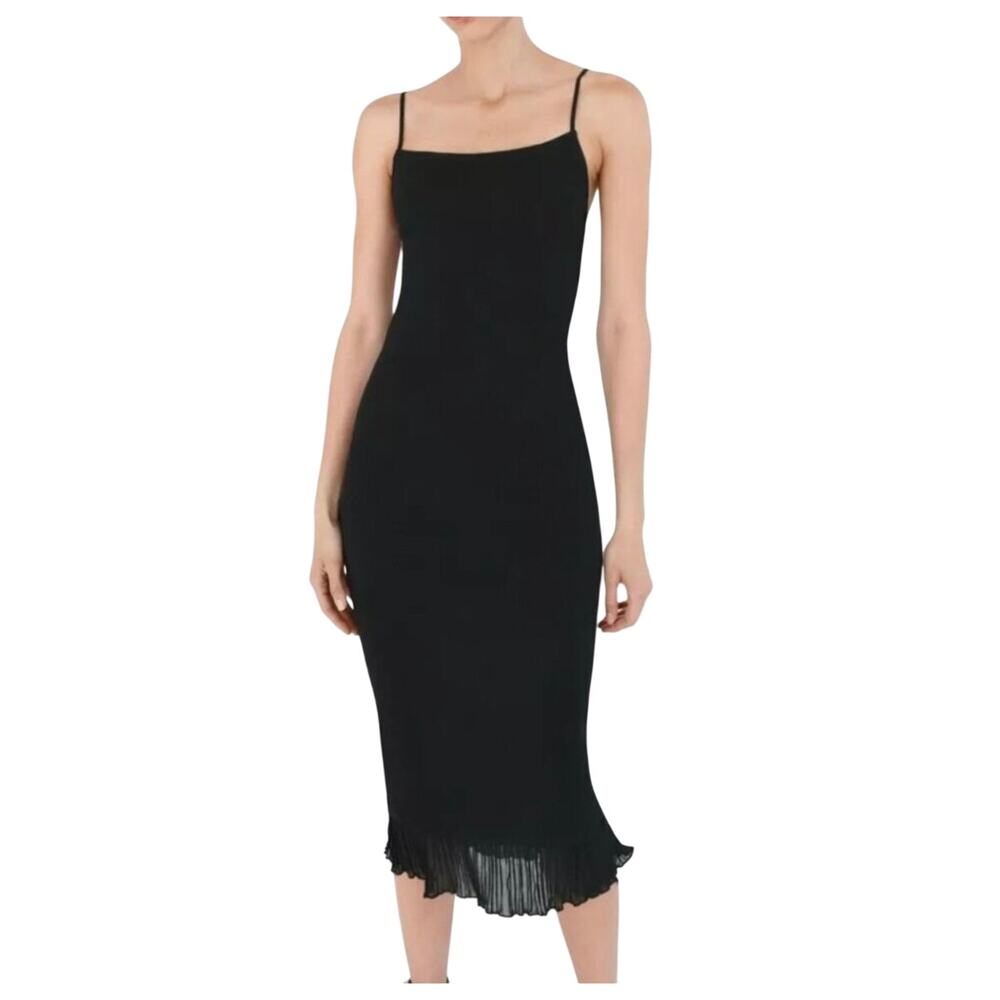 ZARA Black Bodycon Midi Dress Size Small Sheer Contrast Hem Ribbed Stretch